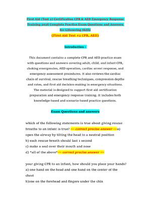 First Aid (Test 2) Certification CPR & AED Emergency Response Training 2026 Complete Practice Exam Questions and Answers for Lifesaving Skills
