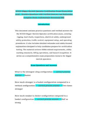 NCCCO Digger Derrick Operator Certification Exam Preparation 2026 – Practice Questions with Verified Answers and Rationales Complete Study GuideInstant Download Pdf