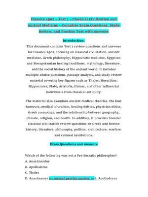 Preview of Classics 2902 – Test 1 – Classical Civilization and Ancient Medicine – Complete Exam Quest