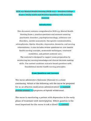 Preview of NUR 233 Mental Health Nursing (NUR 233) – Hondros College – Exam 2 Study Guide and Practic