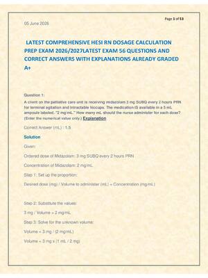 Preview of LATEST COMPREHENSIVE HESI RN DOSAGE CALCULATION  PREP EXAM 2026/2027LATEST EXAM 56 QUESTIO