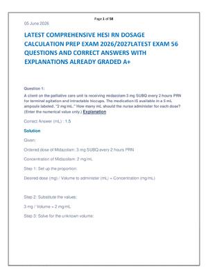 Preview of COMPREHENSIVE HESI RN DOSAGE  CALCULATION PREP EXAM 2026/2027LATEST EXAM 56  QUESTIONS AND