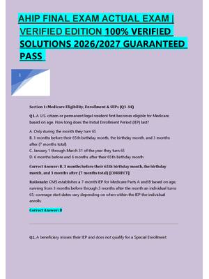 Preview of AHIP FINAL EXAM ACTUAL EXAM |  VERIFIED EDITION 100% VERIFIED  SOLUTIONS 2026/2027 GUARANT