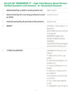 Preview of NCLEX-PN Remember It Study Guide - Must-Know Concepts - Verified Questions and Answers - A
