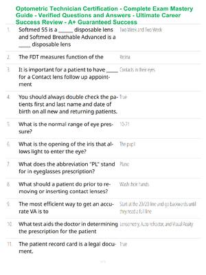 Optometric Technician Certification Exam Study Guide - Verified Questions and Answers - A+ Guaranteed Success Review