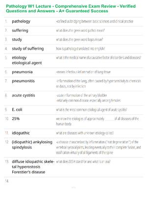 Preview of Pathology WI Lecture Study Guide - Verified Questions and Answers - A+ Guaranteed Success