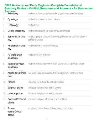 Preview of PIMS Anatomy and Body Regions Study Guide - Verified Questions and Answers - A+ Guaranteed