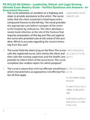 Preview of PN NCLEX 6th Edition Study Guide - Verified Questions and Answers - A+ Guaranteed Success
