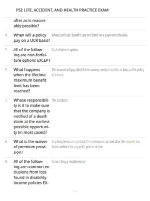 Preview of PSI Life - Accident and Health Insurance Exam Study Guide - Verified Questions and Answers