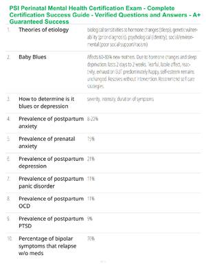 Preview of PSI Perinatal Mental Health Certification Exam Study Guide - Verified Questions and Answer
