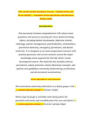 Preview of CDC 4Y051 Dental Assistant Course – United States Air Force (USAF) – Complete Exam Questio