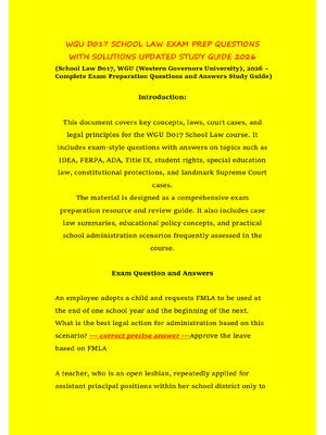 Preview of WGU D017 SCHOOL LAW EXAM PREP QUESTIONS WITH SOLUTIONS UPDATED STUDY GUIDE 2026 (School La