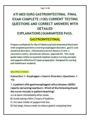 Preview of ATI MED SURG GASTROINTESTINAL FINAL EXAM COMPLETE (100) CURRENT TESTING QUESTIONS AND CORR
