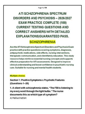 Preview of ATISCHIZOPHRENIA SPECTRUM DISORDERS AND PSYCHOSIS – 2026/2027 EXAM PRACTICE COMPLETE (100)