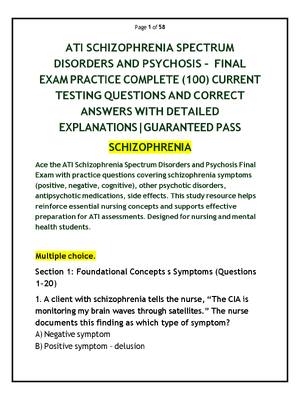 Preview of ATI SCHIZOPHRENIA SPECTRUM DISORDERS AND PSYCHOSIS – FINAL EXAM PRACTICE COMPLETE (100) CU