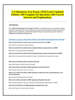Preview of CA Optometry Law Exam | 25/26 Latest Updated Edition | 100 Complete Set Questions with Cor