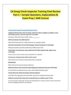 Preview of CA Smog Check Inspector Training Final Review Part 1 – Sample Questions, Explanations & Ex