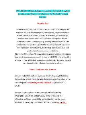 ATI NUR 265 – Galen College of Nursing – Fall 2026 Complete Questions and Answers Study Guide for Medical-Surgical Nursing