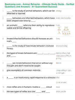 Preview of Bootcamp.com - Animal Behavior - Ultimate Study Guide - Verified Questions and Answers - A