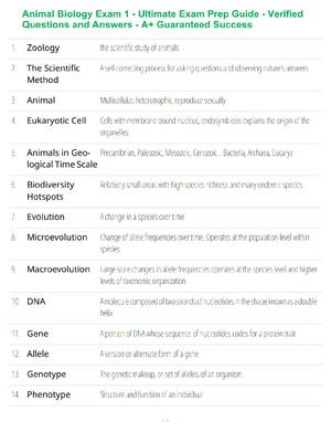 Preview of Animal Biology Exam 1 - Ultimate Exam Prep Guide - Verified Questions and Answers - A+ Gua
