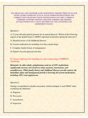 Preview of NSG 500 EXAM 1 ADVANCED HEALTH ASSESSMENT 2026/2027 PREP EXAM AND STUDY GUIDE COMPLETE ACT