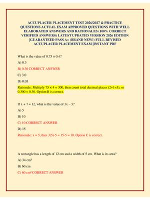 Preview of ACCUPLACER PLACEMENT TEST 2026/2027 & PRACTICE QUESTIONS ACTUAL EXAM APPROVED QUESTIONS WI