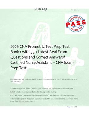 Preview of 2026 CNA Prometric Test Prep Test  Bank 1 with 350 Latest Real Exam  Questions and Correct