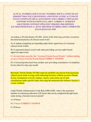 Preview of ACTUAL FLORIDA SOCE EXAM / FLORIDA SOCE LATEST EXAM 2026/2027 PRACTICE QUESTIONS AND STUDY