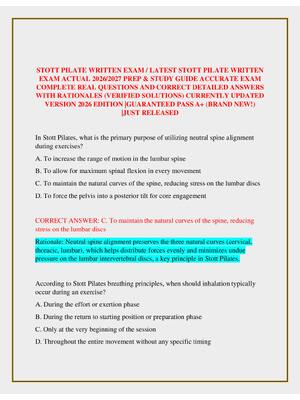 Preview of STOTT PILATE WRITTEN EXAM / LATEST STOTT PILATE WRITTEN EXAM ACTUAL 2026/2027 PREP &amp; STUDY GUIDE ACCURATE EXAM COMPLETE REAL QUESTIONS AND CORRECT DETAILED ANSWERS WITH RATIONALES (VERIFIED SOLUTIONS) CURRENTLY UPDATED VERSION 2026 EDITION |GUARANTEED PASS A+ (BRAND NEW!) |JUST RELEASED