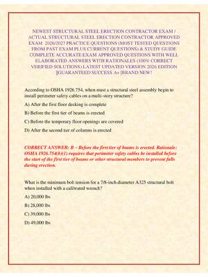Preview of NEWEST STRUCTURAL STEEL ERECTION CONTRACTOR EXAM / ACTUAL STRUCTURAL STEEL ERECTION CONTRA
