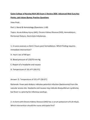 Preview of Galen College of Nursing NUR 265 Exam 1 Review 2026  Advanced Med-Surg Key Points, Lab Val
