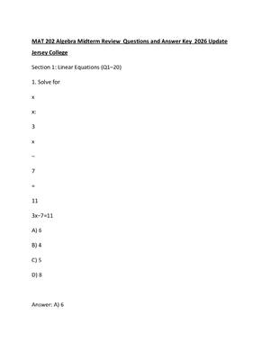 Preview of MAT 202 Algebra Midterm Review  Questions and Answer Key  2026 Update Jersey College
