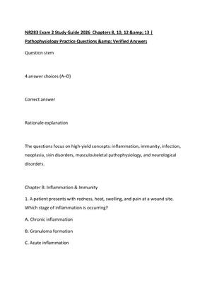 Preview of NR283 Exam 2 Study Guide 2026  Chapters 8, 10, 12 &amp;amp; 13  Pathophysiology Practice Questions &amp;amp; Verified Answers