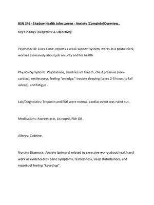 Preview image for BSN 346 - Shadow Health John Larsen - Anxiety (Complete)Overview..