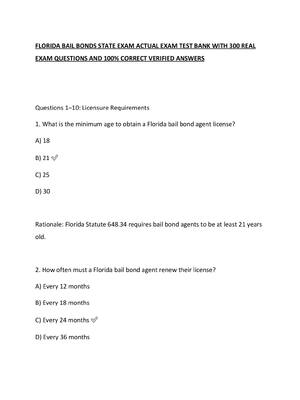Preview of FLORIDA BAIL BONDS STATE EXAM ACTUAL EXAM TEST BANK WITH 300 REAL EXAM QUESTIONS AND 100