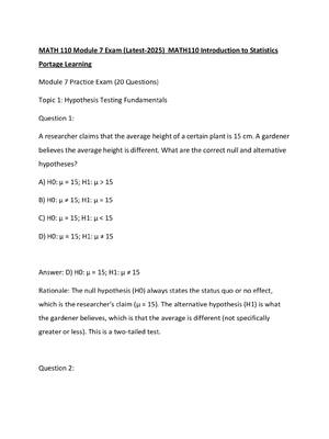 Preview of MATH 110 Module 7 Exam (Latest-2025)  MATH110 Introduction to Statistics Portage Learning