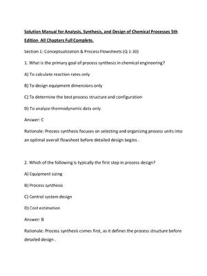 Preview of Solution Manual for Analysis, Synthesis, and Design of Chemical Processes 5th Edition  All