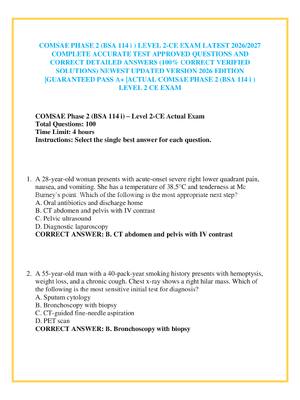 Preview image for COMSAE PHASE 2 (BSA 114 i ) LEVEL 2-CE EXAM LATEST 2026/2027   COMPLETE ACCURATE TEST APPROVED QUESTIONS AND CORRECT DETAILED ANSWERS (100% CORRECT VERIFIED SOLUTIONS) NEWEST UPDATED VERSION 2026 EDITION |GUARANTEED PASS A+ |ACTUAL COMSAE PHASE 2 (BSA 114 i ) LEVEL 2 CE EXAM