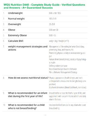 Preview of WGU Nutrition D440 - Complete Study Guide - Verified Questions and Answers - A+ Guaranteed