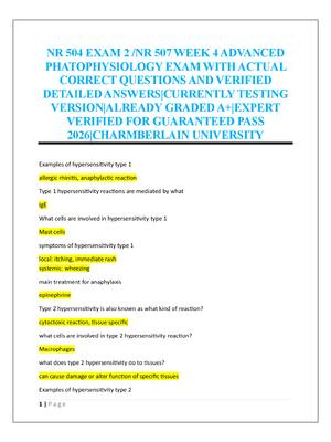 Preview of NR 504 EXAM 2 /NR 507 WEEK 4 ADVANCED  PHATOPHYSIOLOGY EXAM WITH ACTUAL  CORRECT QUESTIONS