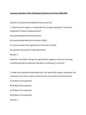 Preview of Louisiana Specialty 7 Glass & Glazing Contractor Exam Prep 2026-2027