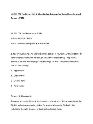 Preview of NR 511 CEA Final Exam (2026)  Chamberlain Primary Care Actual Questions and Answers (PDF).
