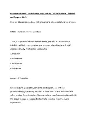 Preview of Chamberlain NR 601 Final Exam (2026) – Primary Care Aging Actual Questions and Answers (PD
