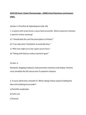 Preview of NUR 210 Exam 4 Galen Pharmacology – (2026) Actual Questions and Answers (PDF).