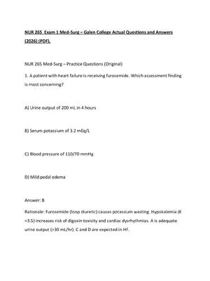 Preview of NUR 265  Exam 1 Med-Surg – Galen College Actual Questions and Answers (2026) (PDF).