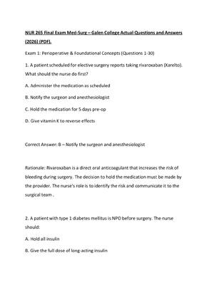 Preview of NUR 265 Final Exam Med-Surg – Galen College Actual Questions and Answers (2026) (PDF).