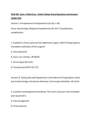 Preview of NUR 265  Exam  2 Med-Surg – Galen College Actual Questions and Answers (2026) (PDF