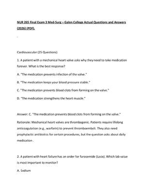 Preview of NUR 265 Final Exam 3 Med-Surg – Galen College Actual Questions and Answers (2026) (PDF).