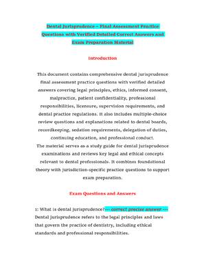 Preview of Dental Jurisprudence – Final Assessment Practice Questions with Verified Detailed Correct
