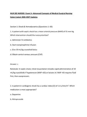 Preview of NUR 265 NUR265  Exam 3– Advanced Concepts of Medical-Surgical Nursing  Galen (Latest 2026